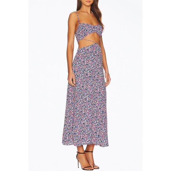 NEW AFRM hanna floral-print cutout crepe midi dress in summer multi ditsy - Picture 2 of 3